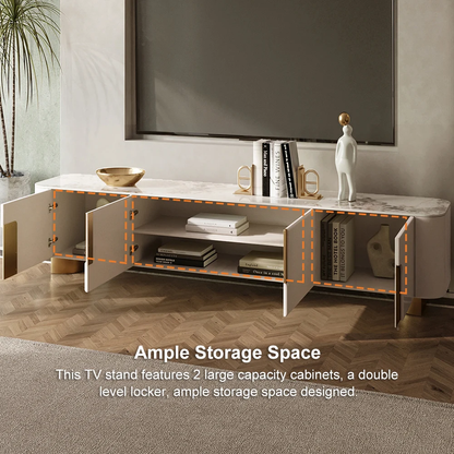 Modanio Marble Top Beige & Gold TV Stand with 4 Door Media Console for Living Room