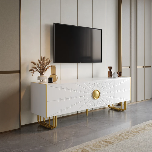 Modanio Art Deco White TV Console with 4 Doors & 6 Shelves with Accent Gold Handle