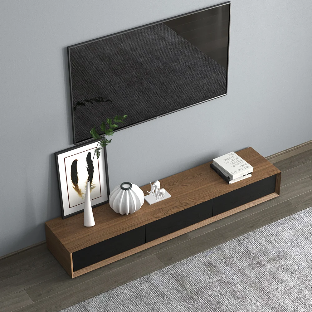 Modanio Modern Walnut TV Console Rectangle Media Stand Walnut TV Console with 3 Drawers