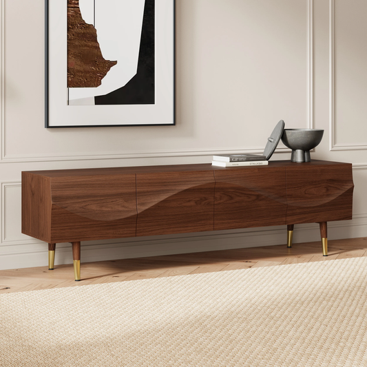 Modanio Lake Mid Century TV Stand with Wavy Design Walnut Storage 4 Drawer