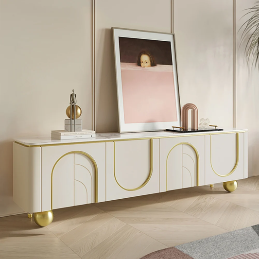 Modanio Modern Off White TV Console with Marble Top, Wood 4 Doors with 2 Shelves Media Console