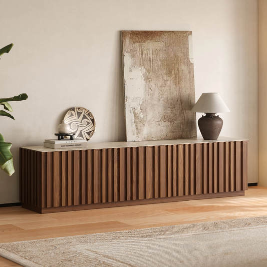 Modanio Ash Wood Slatted Walnut TV Console with Italian Marble Top