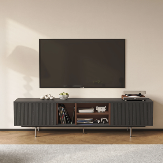 Modanio Modern Black TV Lowboard Console with Open Storage Space.