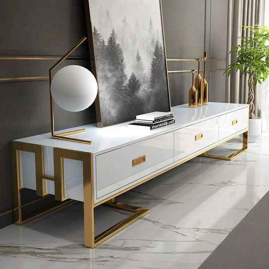 Modanio Modern Jocise White and Gold TV Console With 3 Drawers
