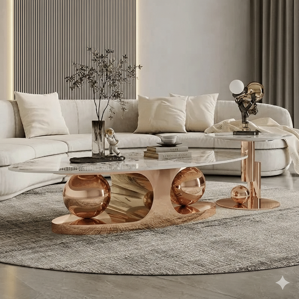 Modanio Celestial Balls Coffee Table With Gold Finish and Marble Top
